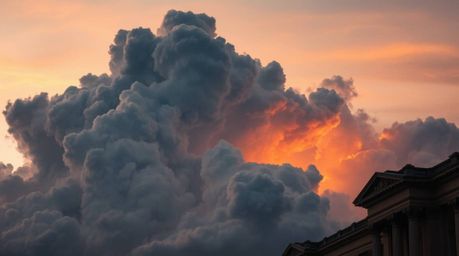 A precise architectural color photograph capturing jet-black thunderstorm clouds dramatically illuminated by the warm light o