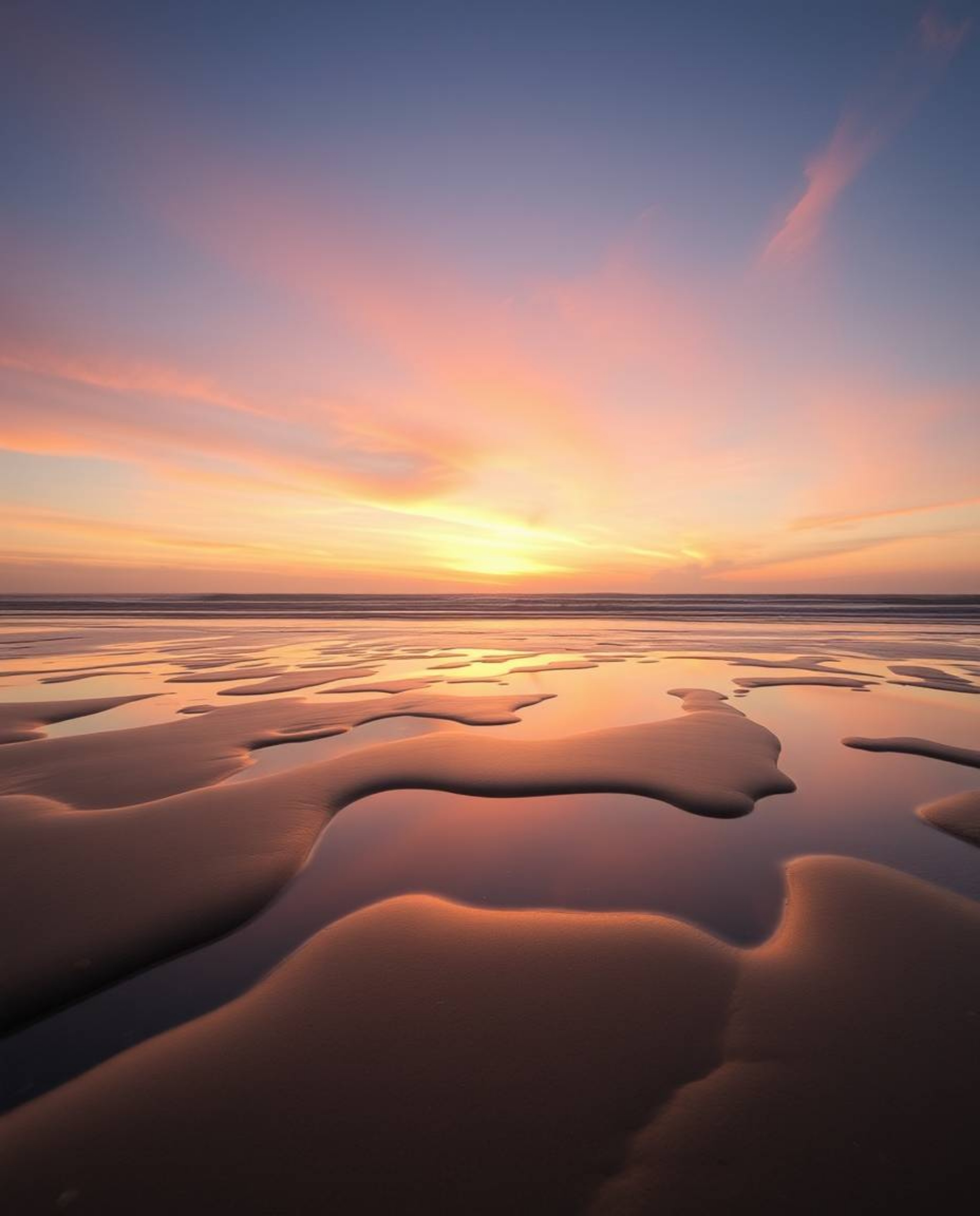 A dreamy sunset sky is beautifully mirrored in the tidal pools on a beach, creating a serene and captivating scene. The image