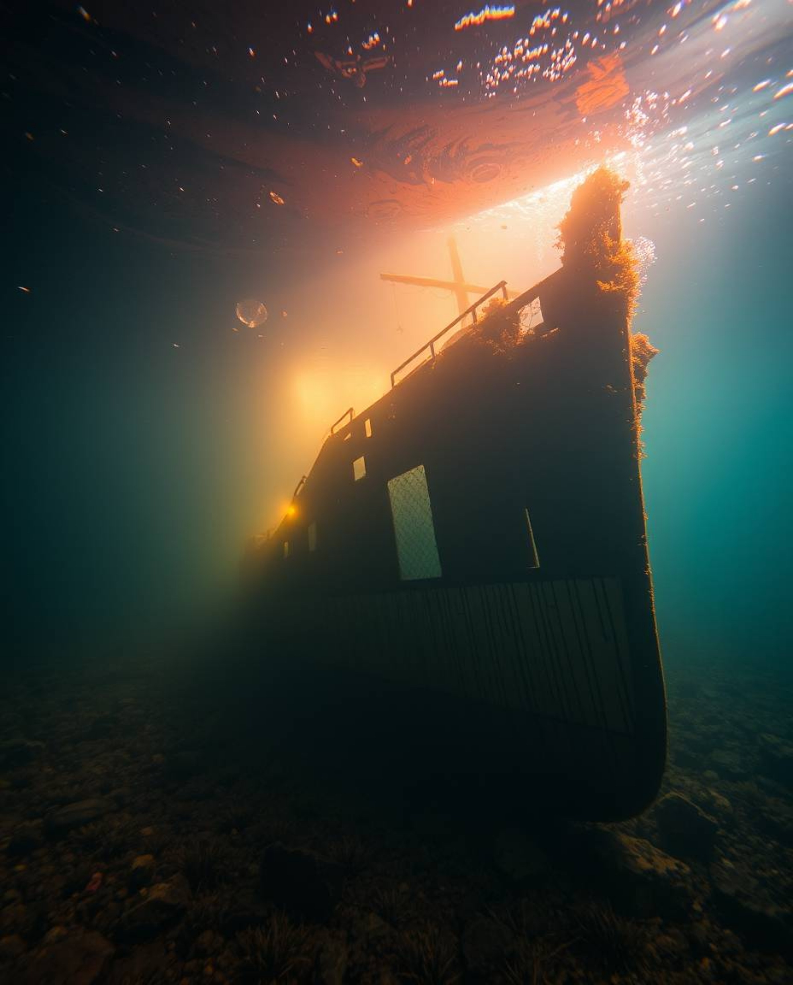 An ethereal and spiritual shipwreck, bathed in warm autumn colors and a soft, light aura, lies illuminated deep underwater. T