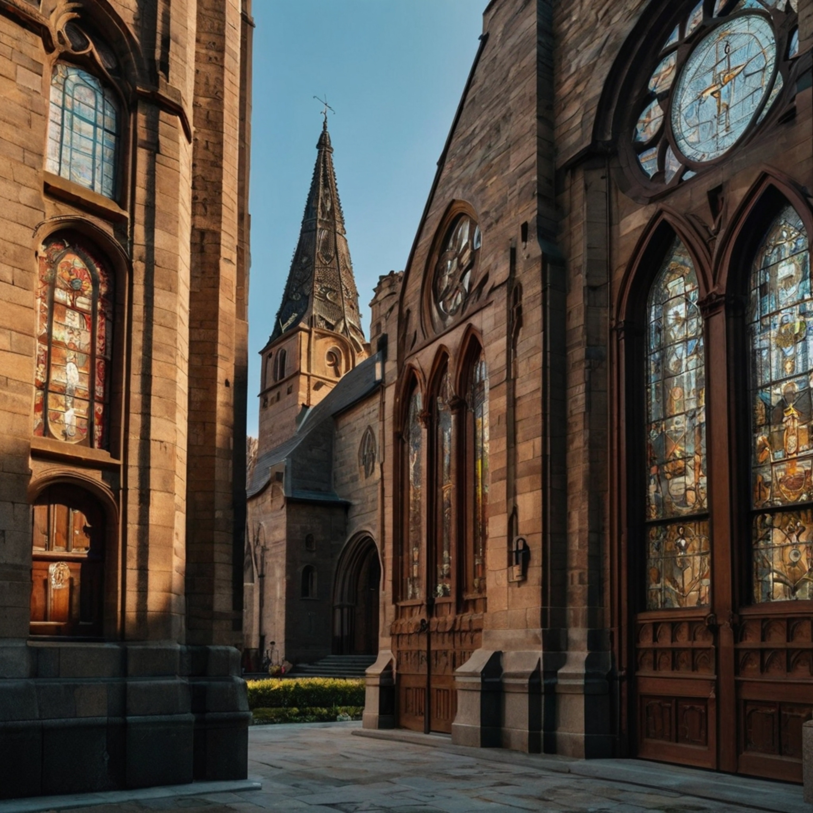 Discover this historical church nestled in the city's heart, boasting a towering spire, intricate stained-glass windows, and 