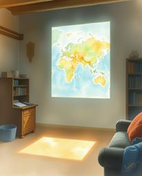 A captivating watercolor painting depicts a glowing map projected onto the walls of an old study. The soft, dreamy atmosphere