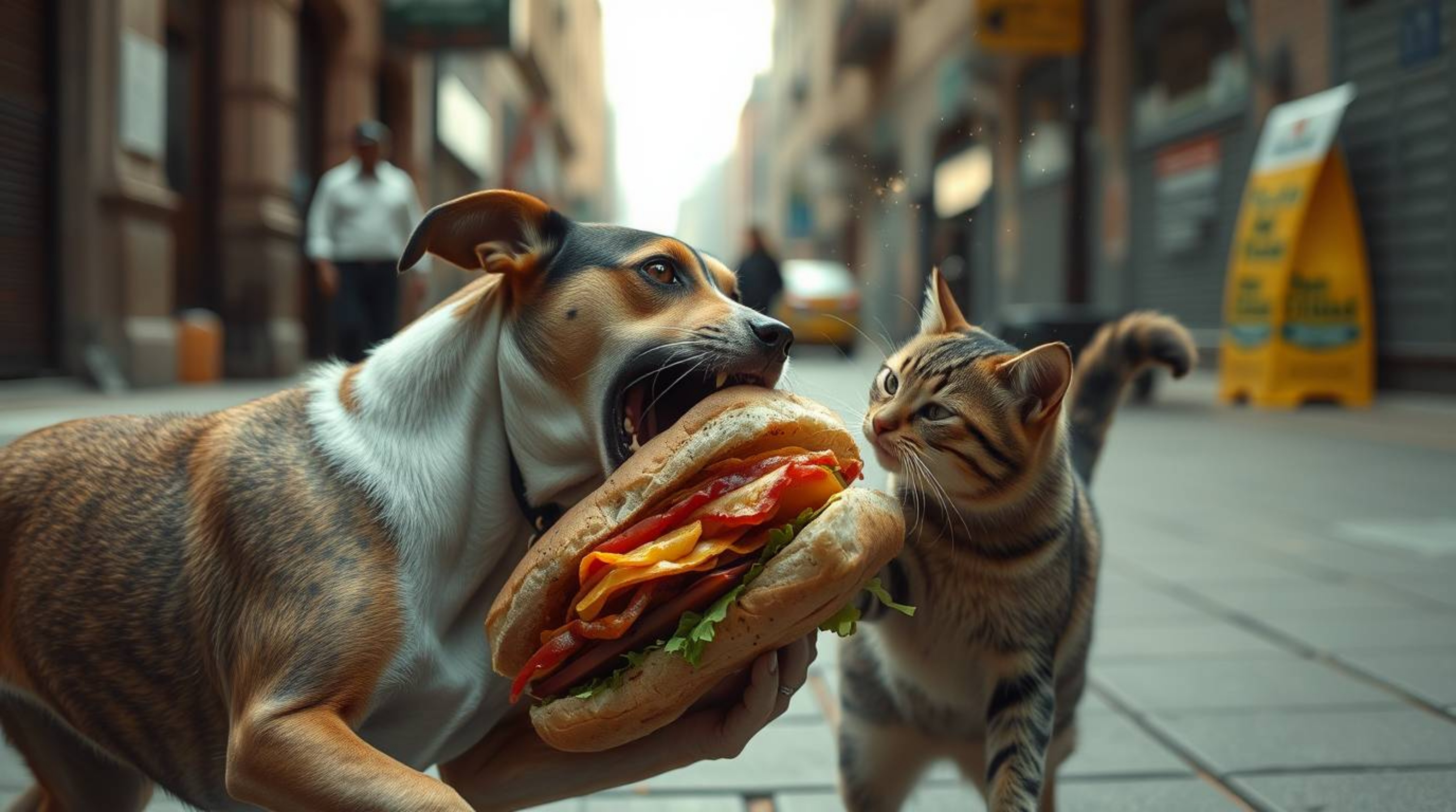 A spontaneous moment captured in a candid street photograph shows a dog and cat fiercely battling over a large sandwich. The 