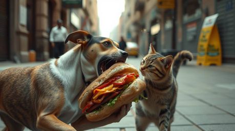 A spontaneous moment captured in a candid street photograph shows a dog and cat fiercely battling over a large sandwich. The 