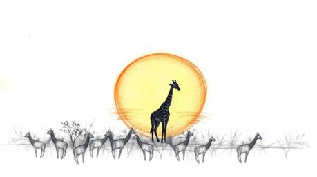 A captivating hand-drawn sketch depicting a serene sunset savanna scene, complete with silhouetted giraffes. The artwork evok