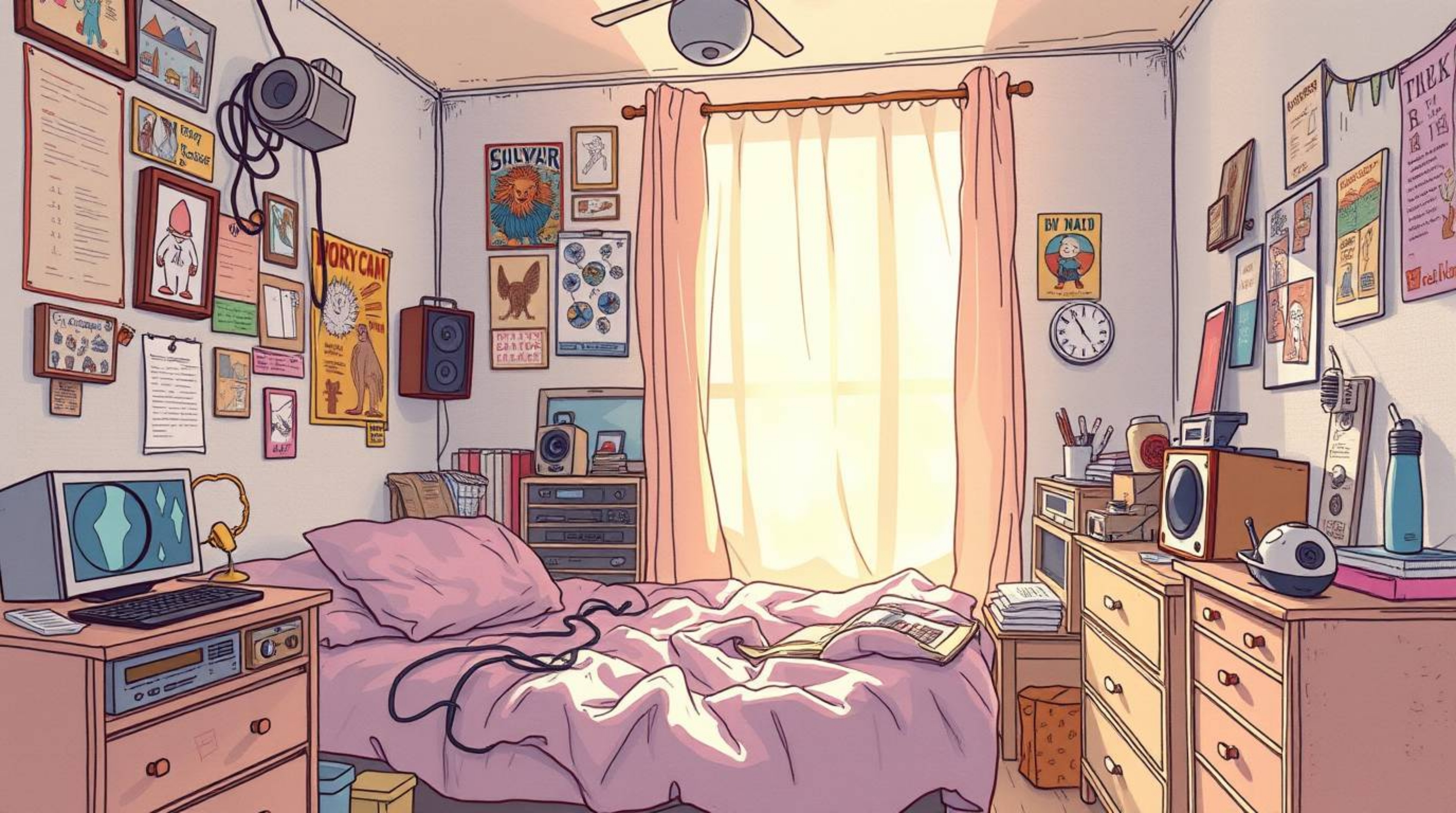 Explore a hand-drawn color sketchnote depicting a messy bedroom filled with quirky gadgets and posters, bathed in a soft, dre