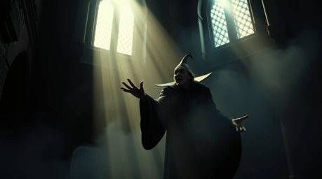 A captivating cinematic rendering of a classic Disney villain performing a spell within the ancient walls of a gothic castle.