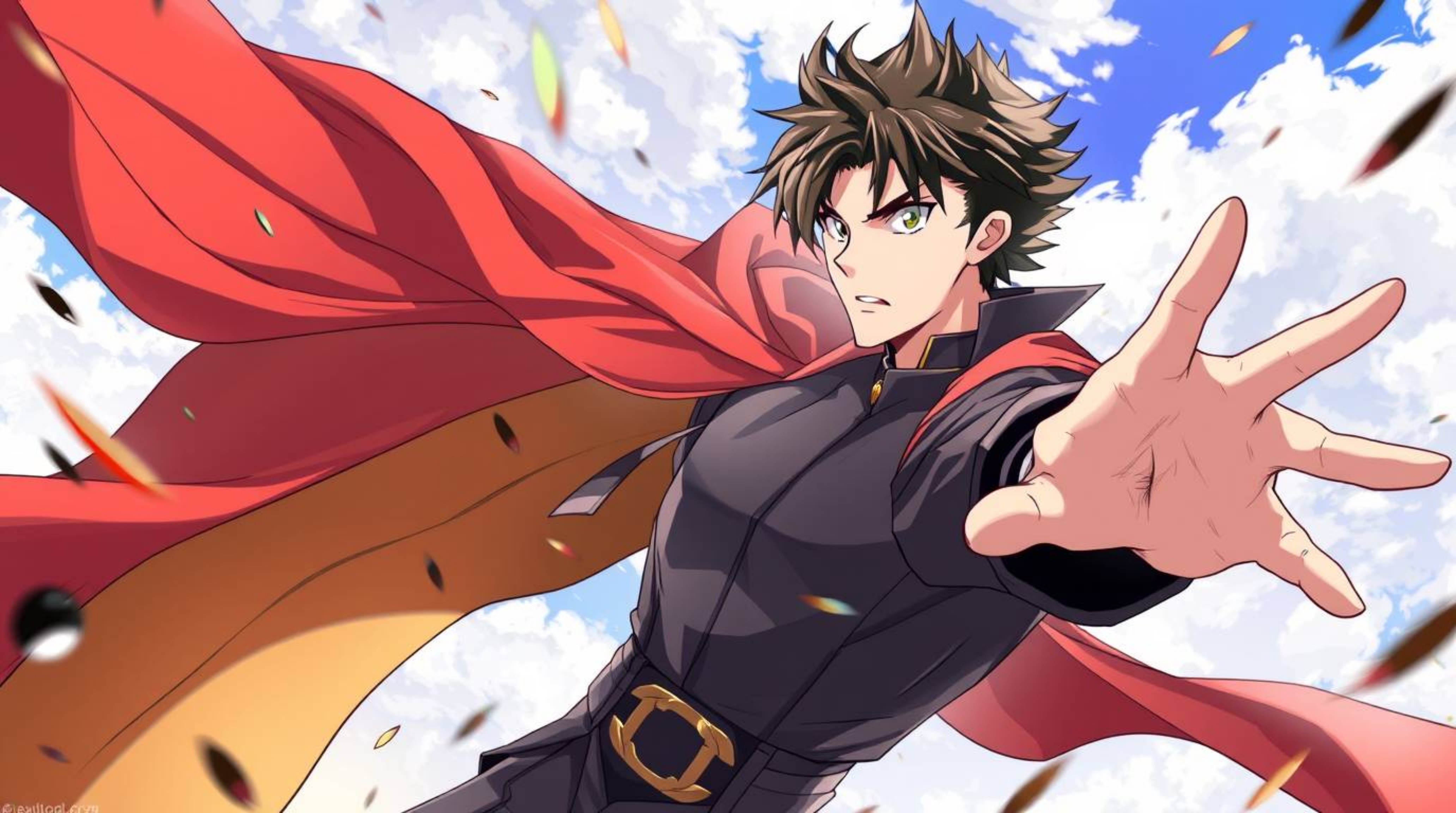 Experience a whimsical Isekai anime-style illustration showcasing a graceful superhero with a flowing cape engaged in a comic
