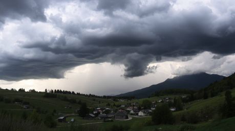 This photograph captures a quaint village nestled in a valley, juxtaposed against an intensely dramatic and stormy sky. The i