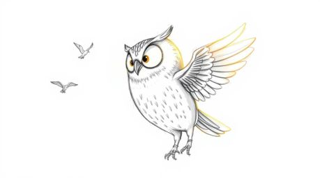 A captivating hand-drawn sketch in the style of Pixar depicts a blind owl with soft, textured pencil strokes, embodying wisdo
