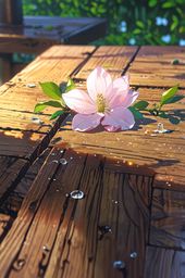 A solitary magnolia blossom, graced with morning dew, rests upon a rustic, weathered wooden table. This image evokes a sense 