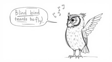 A hand-drawn sketch in the style of Pixar portrays a blind owl with distinct pencil strokes, guiding birds in their journey t