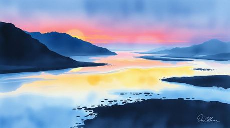 A stunning watercolor painting depicts a river delta bathed in the ethereal glow of twilight.  The artwork features strong, h