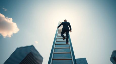 A captivating image depicting a businessperson gracefully ascending a transparent ladder disappearing into a vibrant blue sky
