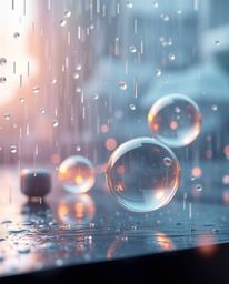Immerse yourself in a soft and dreamy atmosphere depicting a wet rainy scene, where glassy fluid 3D shapes dance in motion, e