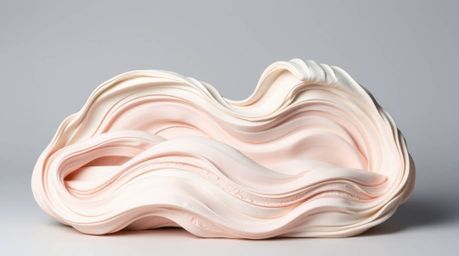 A stunning clay sculpture showcases a graceful, abstract wave rendered in a pastel color gradient.  The piece features meticu