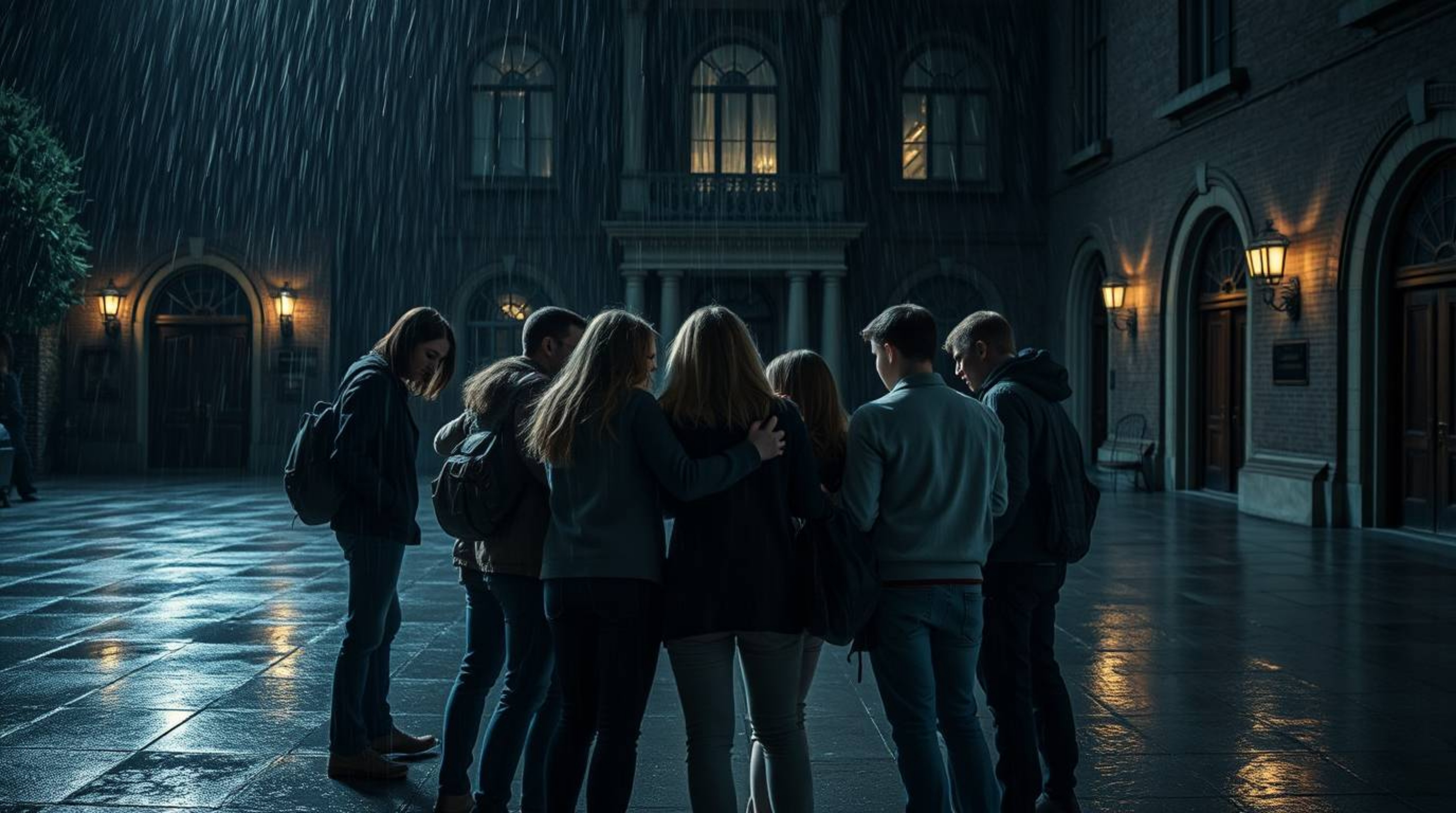 A group of teenagers braves a rain-soaked, haunted mansion courtyard to solve a chilling mystery.  The scene is dark and mood