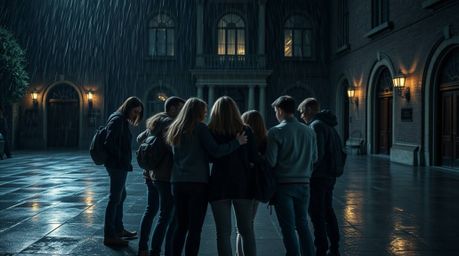 A group of teenagers braves a rain-soaked, haunted mansion courtyard to solve a chilling mystery.  The scene is dark and mood