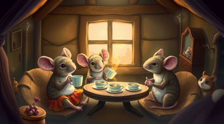 A captivating digital painting showcases anthropomorphic mice enjoying a tea party in a charming cozy cottage.  The bird's-ey