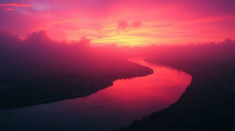 Experience the breathtaking beauty of a winding river illuminated by a dramatic orange-pink sunset.  The image features vivid