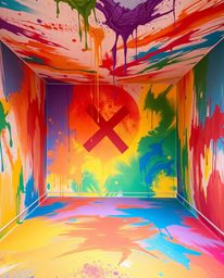 Immerse yourself in a room exploding with paint, infused with a vibrant and ethereal spiritual vibe. This captivating scene u