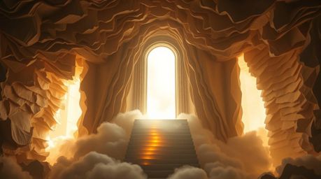 Explore scenes imbued with volumetric lighting, showcasing a heavenly gate suspended above clouds, adorned with stairs bathed