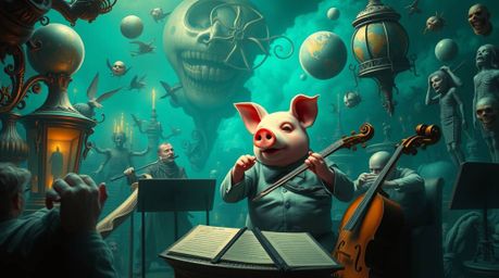 A captivating image showcases a pig character masterfully conducting an orchestra in a dreamlike, surreal setting.  Rich, dee