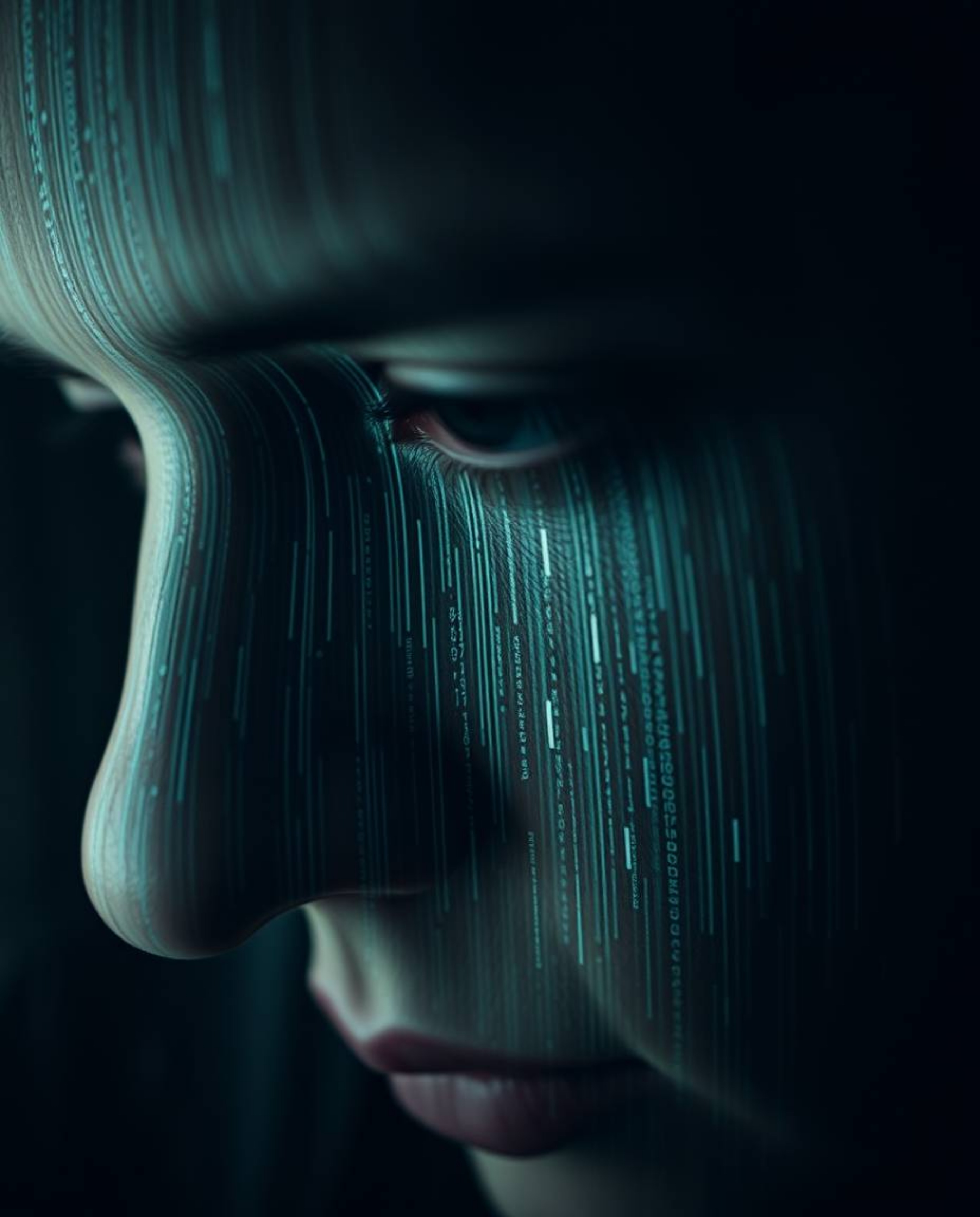 A captivating extreme macro close-up showcases a digital glitch dramatically altering a human face into a flowing data stream