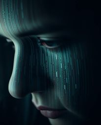 A captivating extreme macro close-up showcases a digital glitch dramatically altering a human face into a flowing data stream