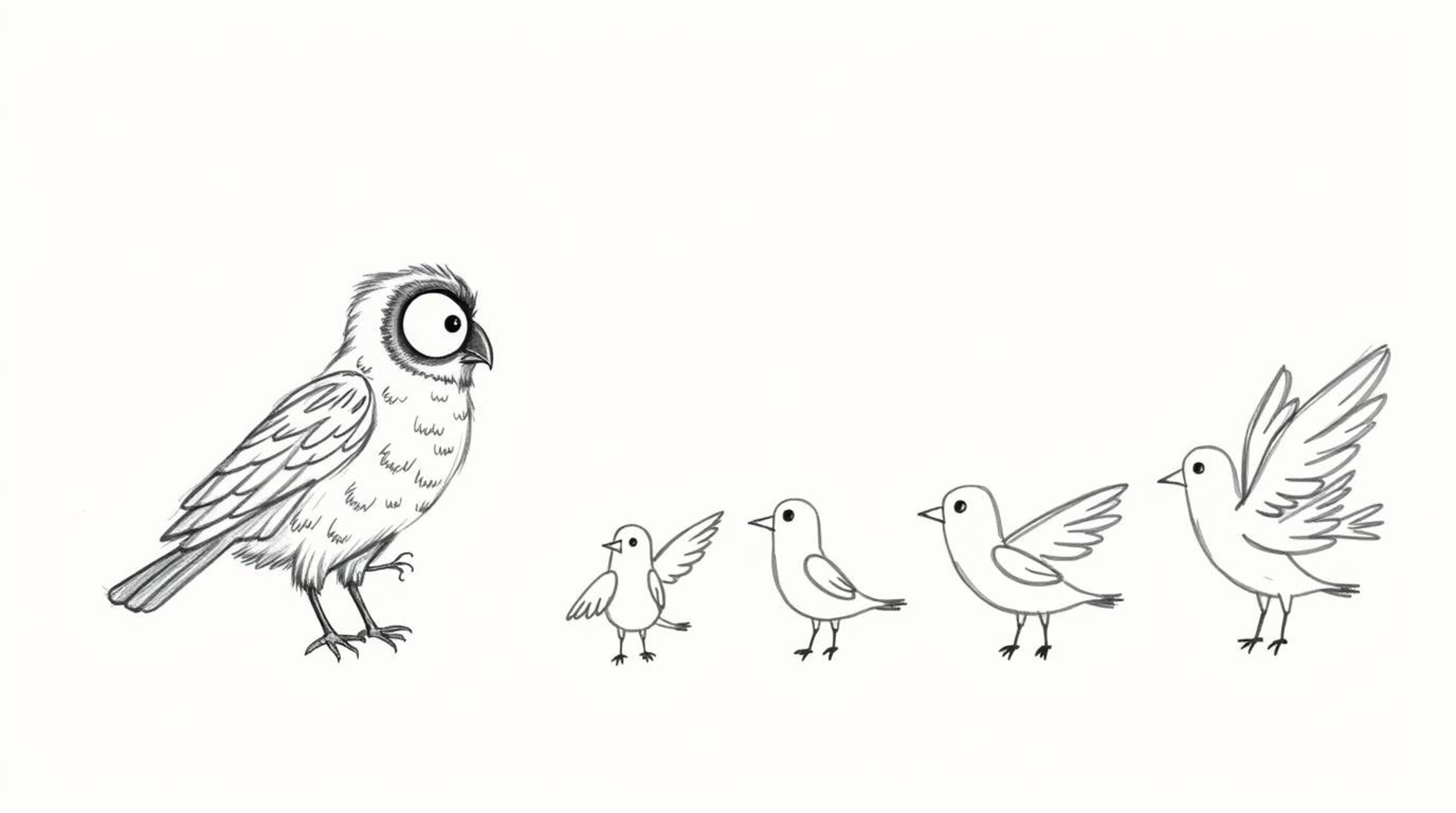 A charming hand-drawn sketch in the style of Pixar depicts a blind owl with soft, textured pencil strokes guiding a flock of 