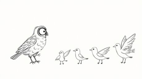 A charming hand-drawn sketch in the style of Pixar depicts a blind owl with soft, textured pencil strokes guiding a flock of 