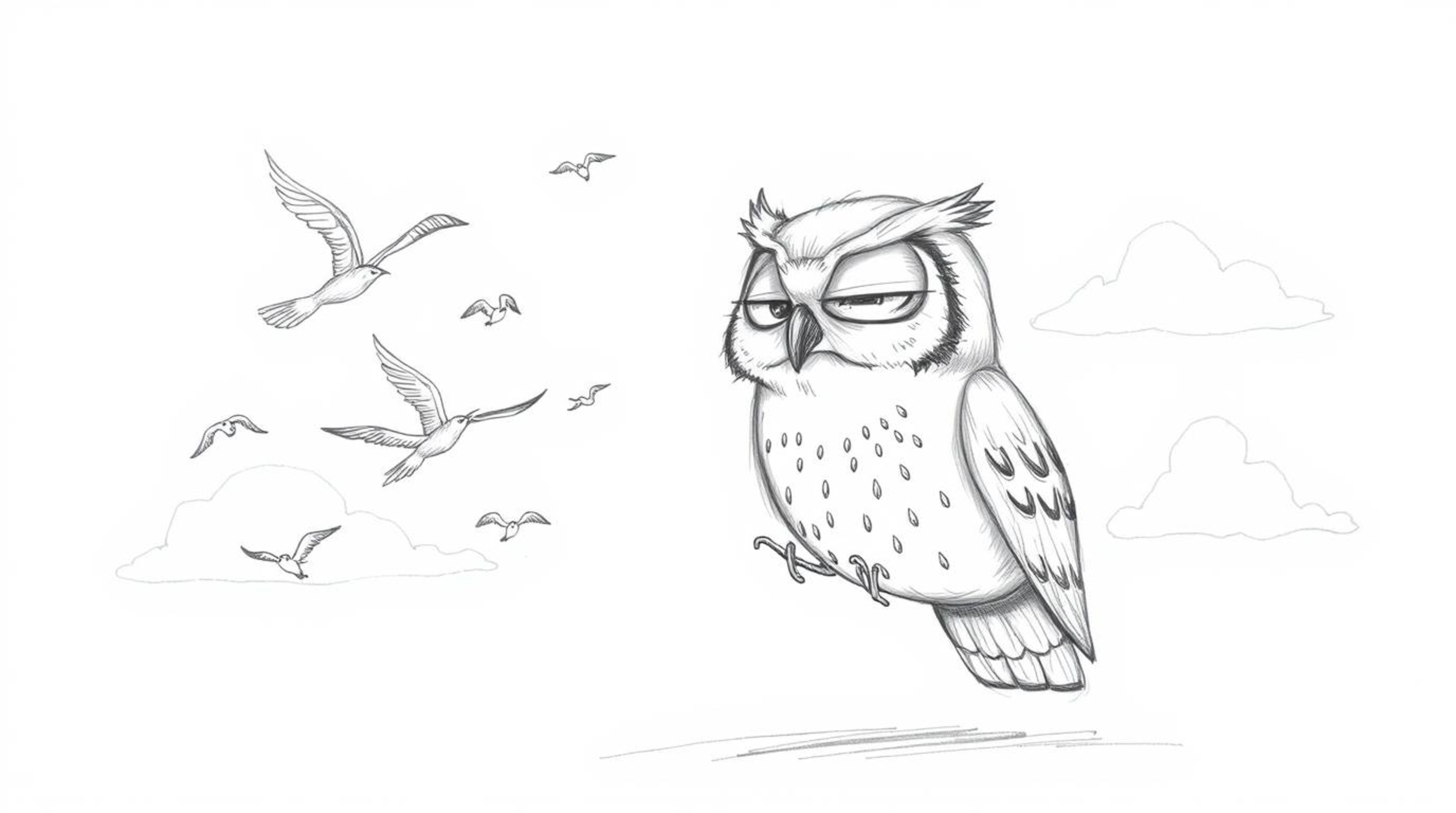 A heartwarming Pixar-style scene featuring a blind owl with soft, expressive features guiding a flock of birds in learning to