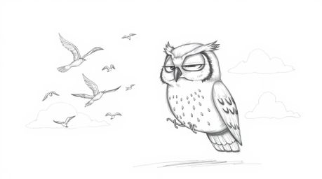 A heartwarming Pixar-style scene featuring a blind owl with soft, expressive features guiding a flock of birds in learning to