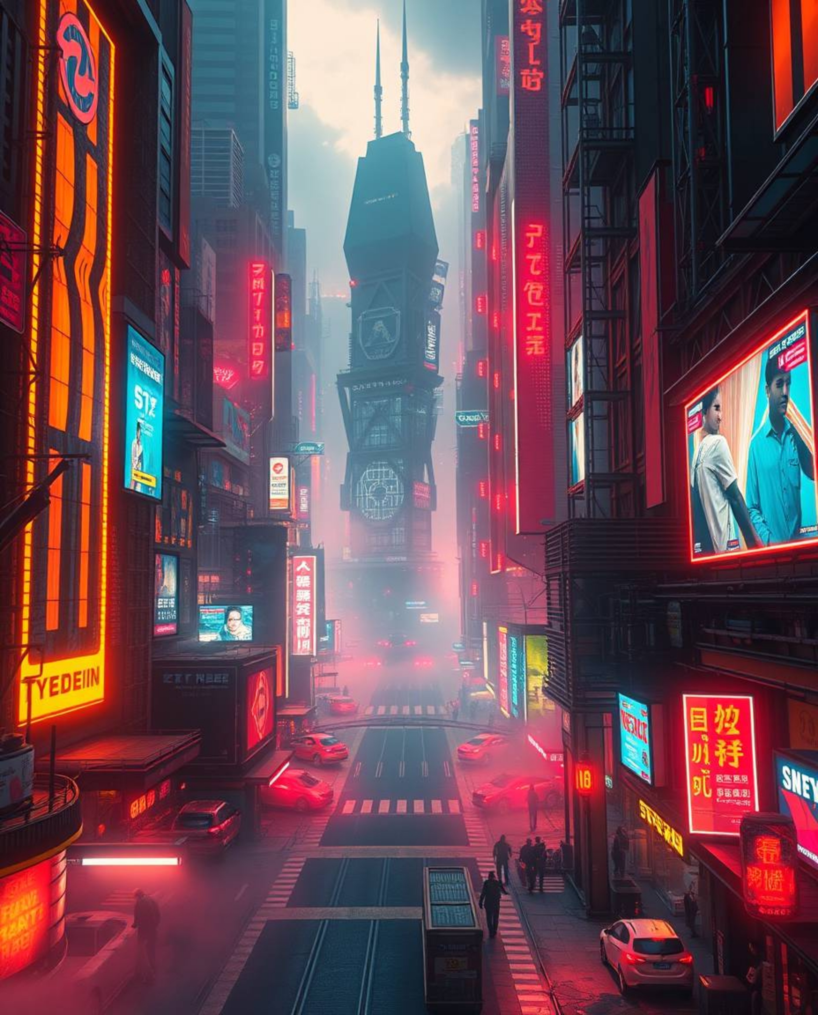 A captivating image of a futuristic cyberpunk cityscape, rendered with vibrant splashes of red, orange, and yellow neon light