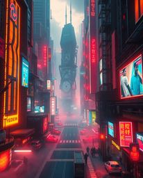 A captivating image of a futuristic cyberpunk cityscape, rendered with vibrant splashes of red, orange, and yellow neon light