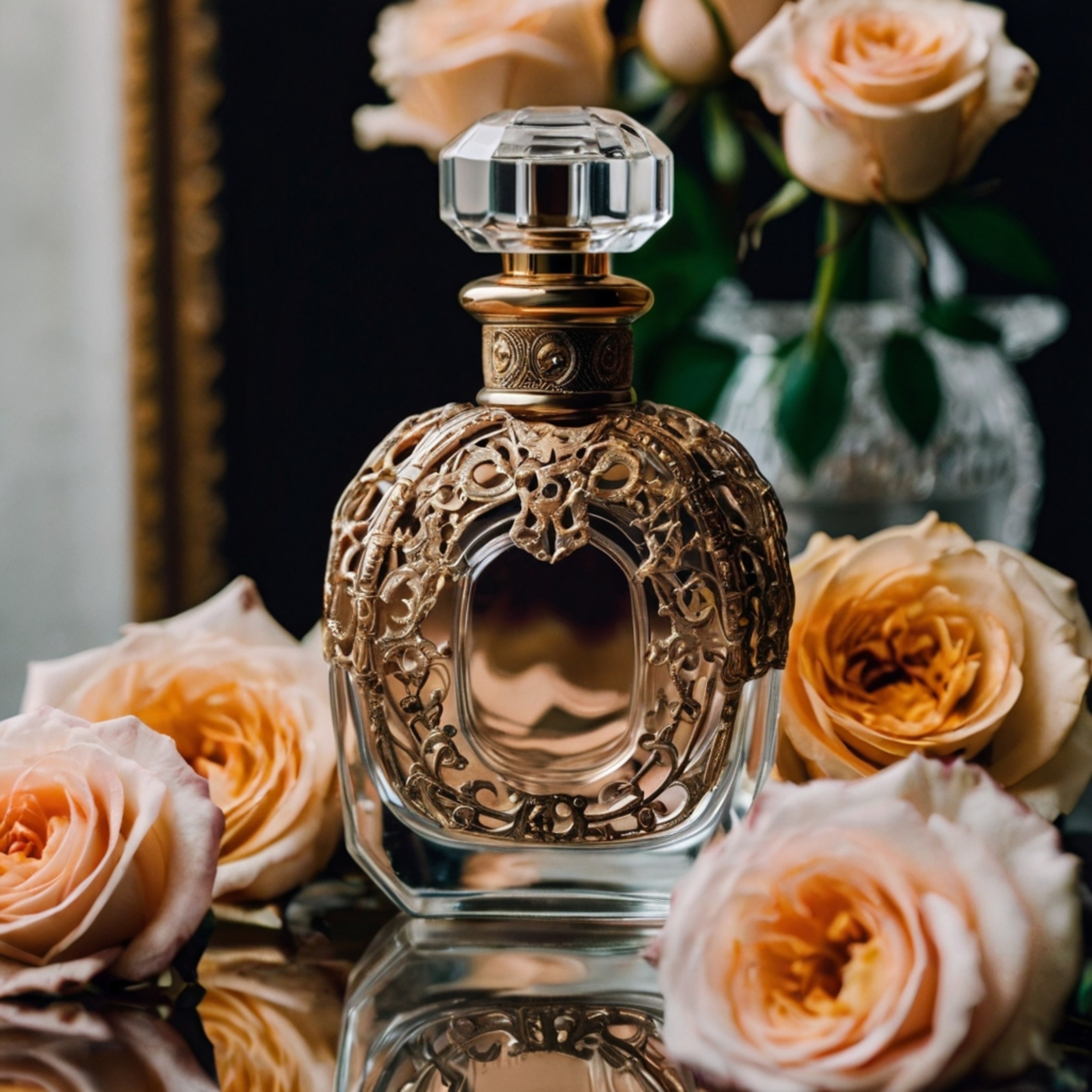 A captivating still life featuring a vintage perfume bottle with intricate designs, elegantly positioned on a reflective mirr