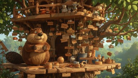 In a highly detailed, high-resolution stock photo inspired by Pixar's signature style, a cheerful beaver named Winston builds