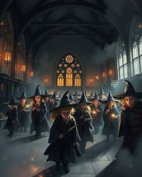 Explore a digitally painted image depicting a magical school bustling with young wizards, rendered in a soft, dreamy atmosphe