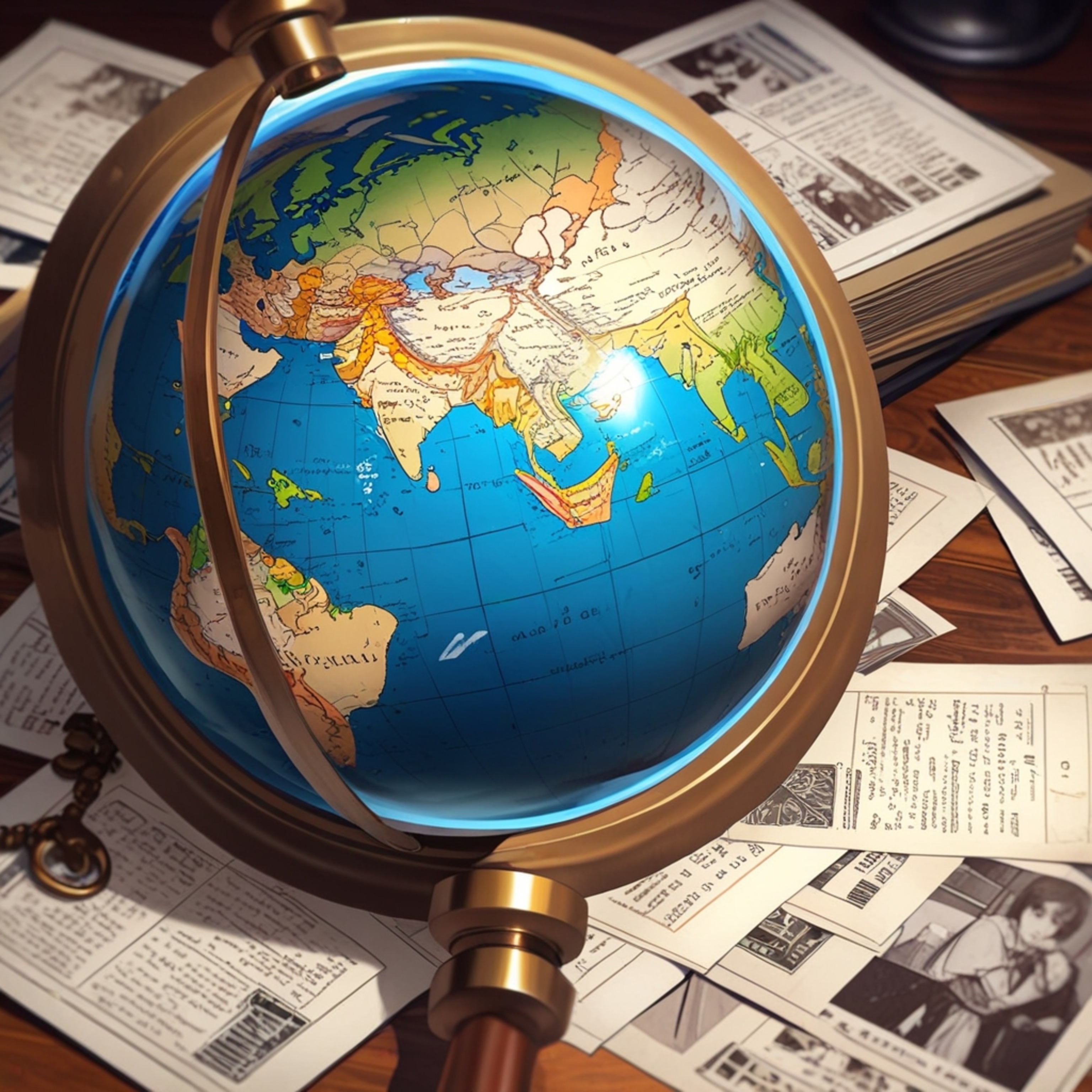 This close-up image showcases a spinning globe as the focal point, surrounded by vintage postcards and a classic compass.  Th