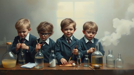 A captivating classic oil painting depicts a group of quirky children in school uniforms amidst a flurry of scientific experi
