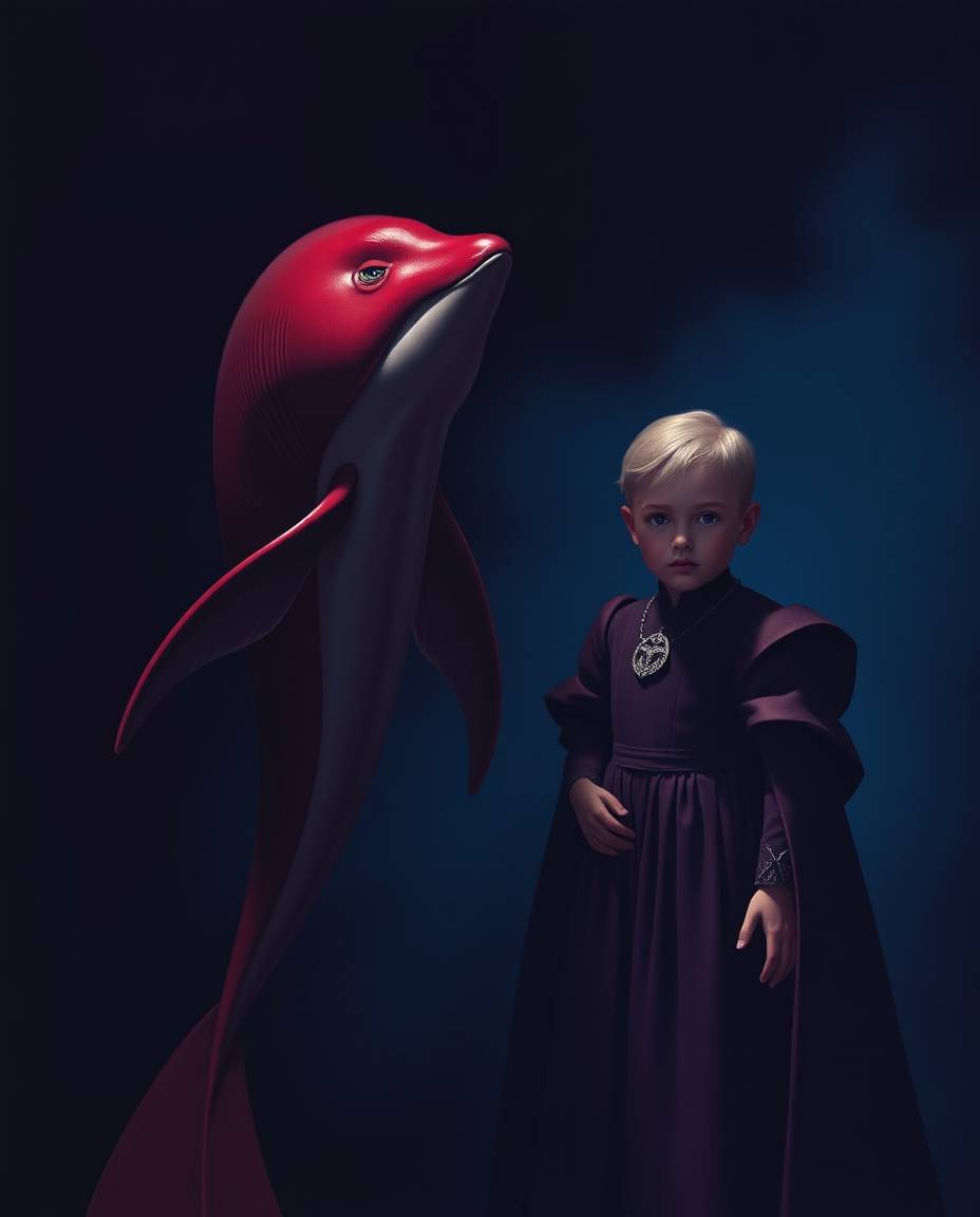 A captivating image depicting a sophisticated sea creature and a regal human child, bathed in rich burgundy and deep blue hue