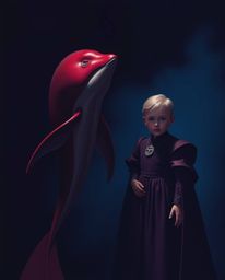 A captivating image depicting a sophisticated sea creature and a regal human child, bathed in rich burgundy and deep blue hue