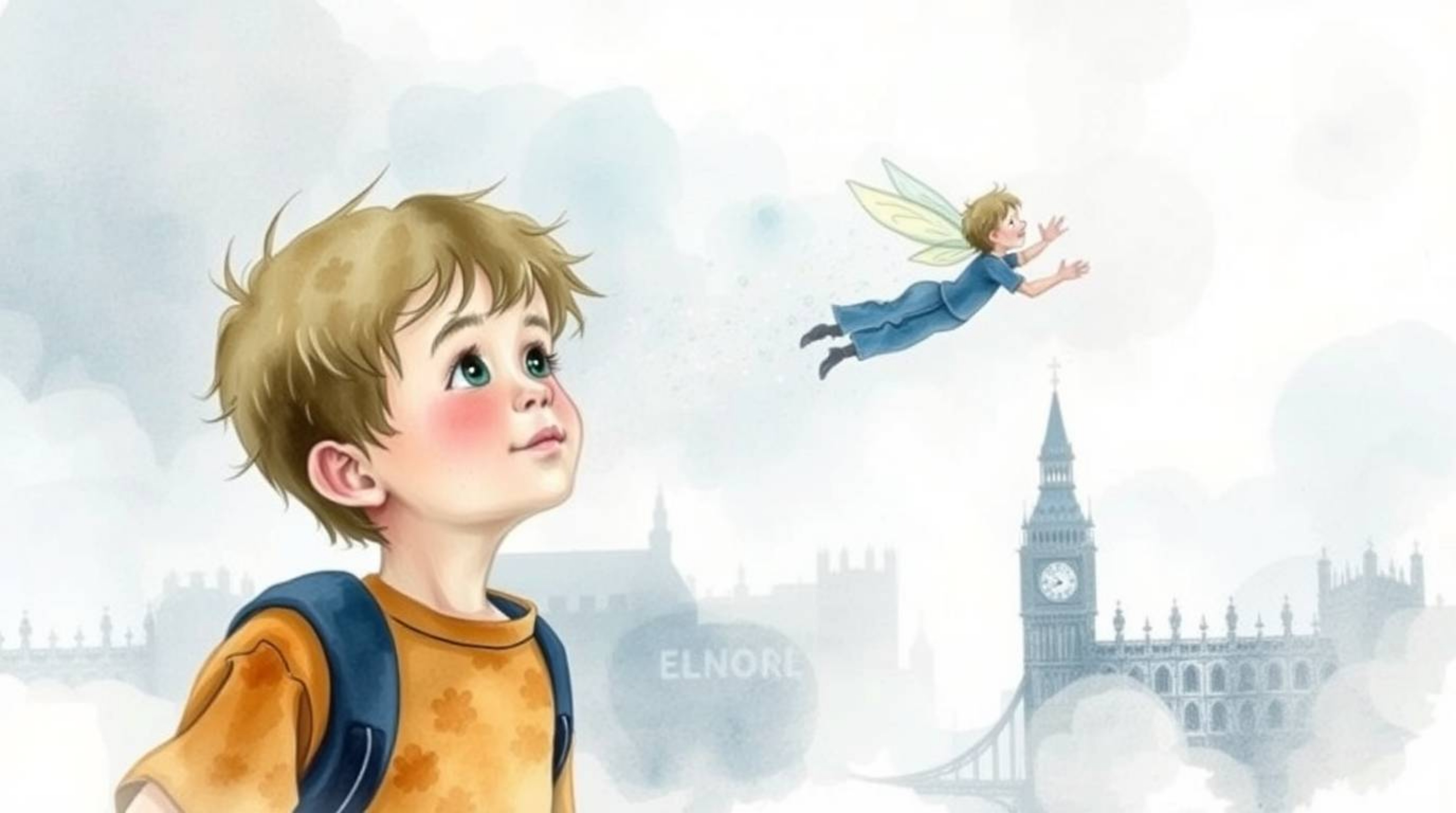 A captivating watercolor painting depicts a young boy seemingly flying above a foggy London cityscape. Pixie dust swirls arou