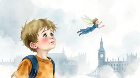 A captivating watercolor painting depicts a young boy seemingly flying above a foggy London cityscape. Pixie dust swirls arou