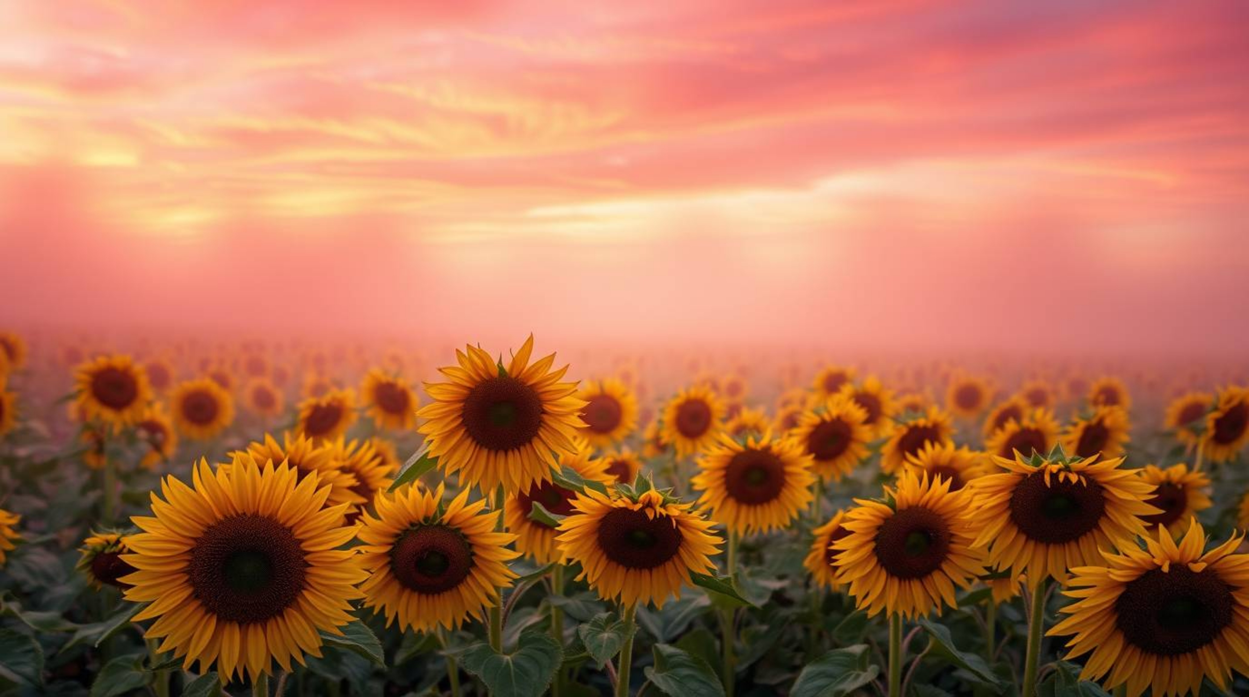 A stunning high-resolution stock photo depicts a breathtaking sunflower field bathed in the ethereal glow of a deep red and p