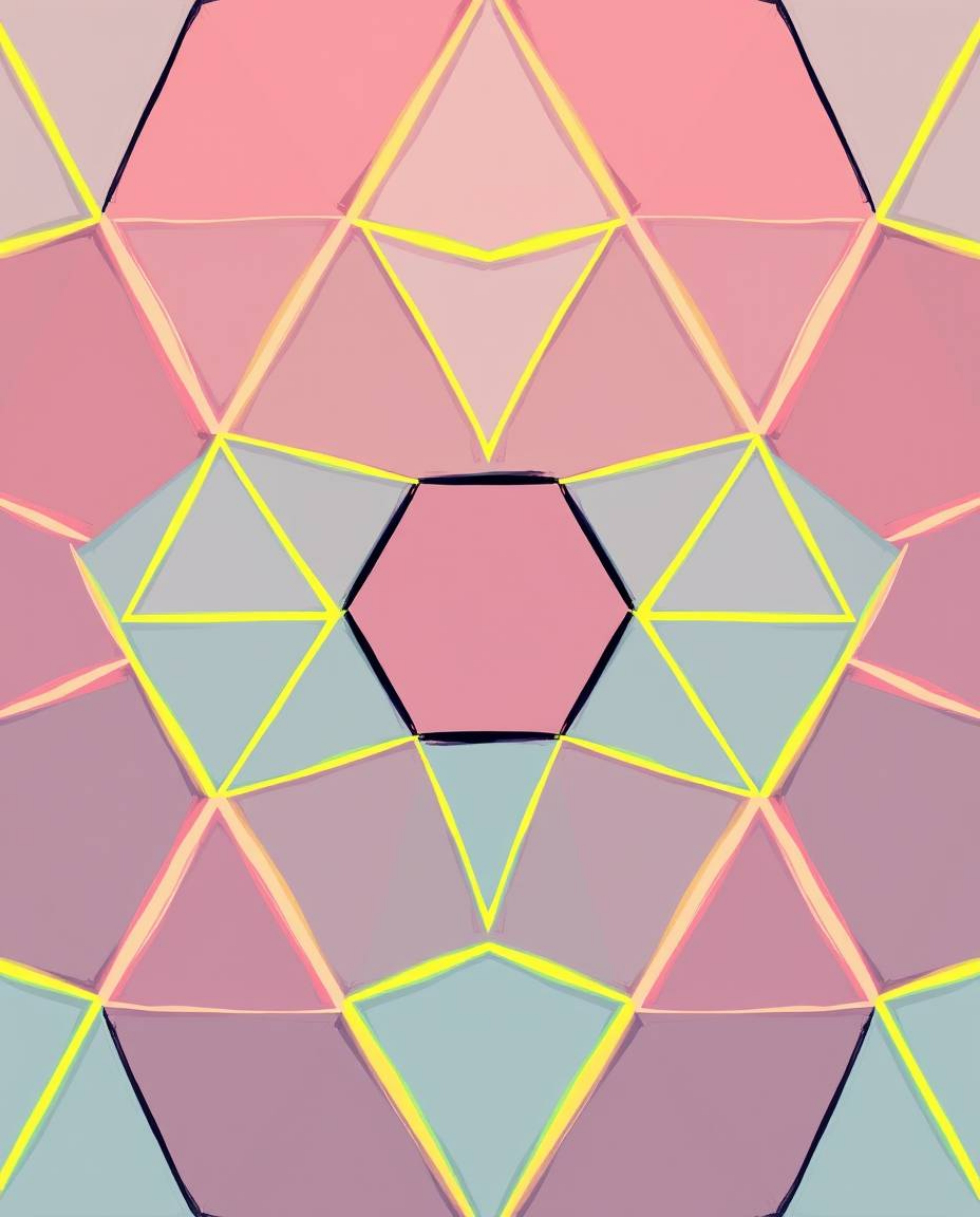 A vibrant and dynamic seamless geometric pattern featuring hexagons and triangles in a striking neon color palette.  This han