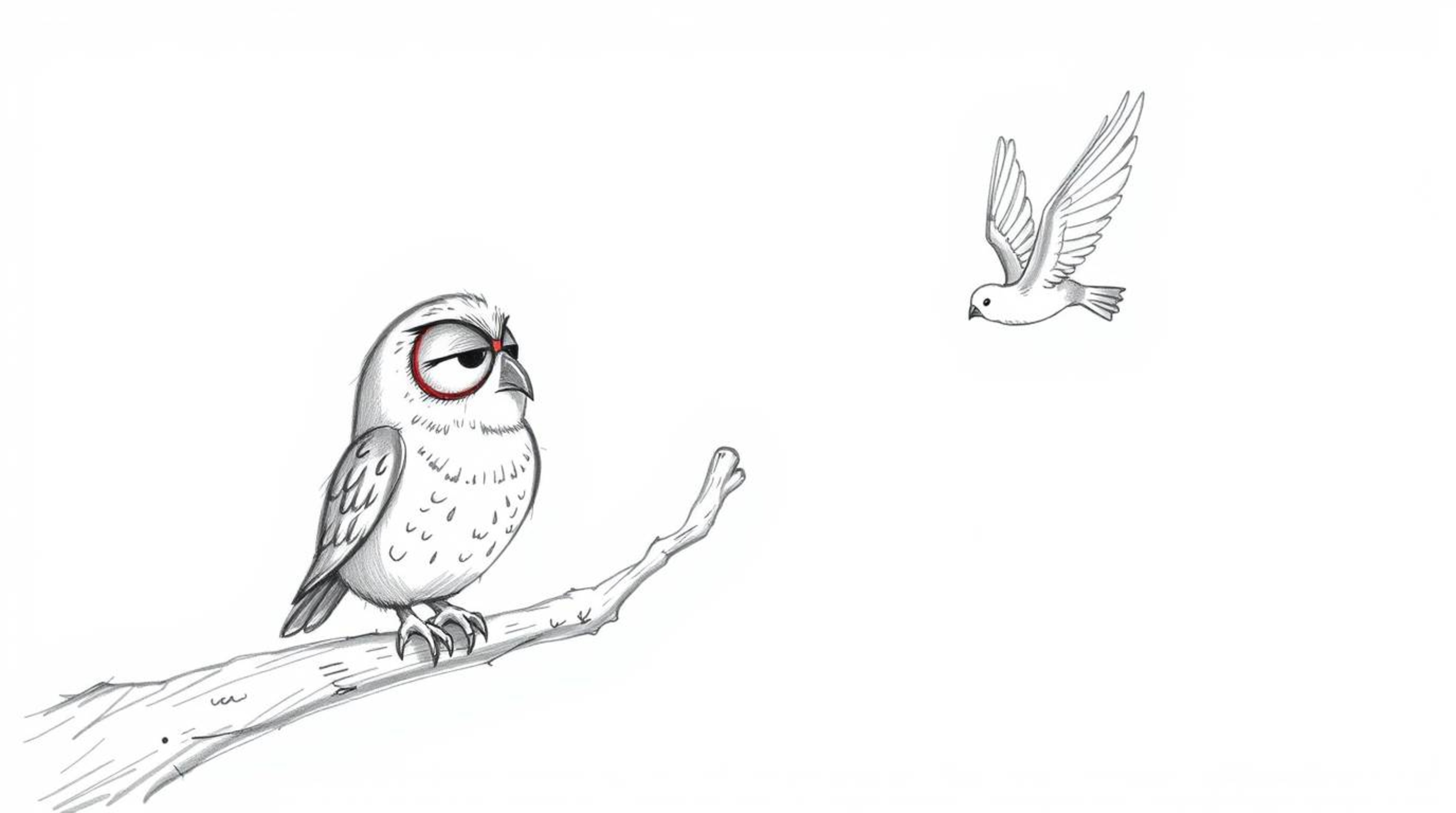 A heartwarming, Pixar-inspired sketch depicts a blind owl patiently guiding birds in their flight training.  Using a hollow b