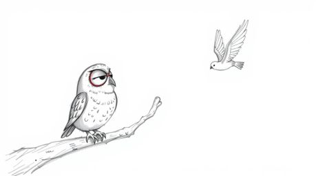 A heartwarming, Pixar-inspired sketch depicts a blind owl patiently guiding birds in their flight training.  Using a hollow b