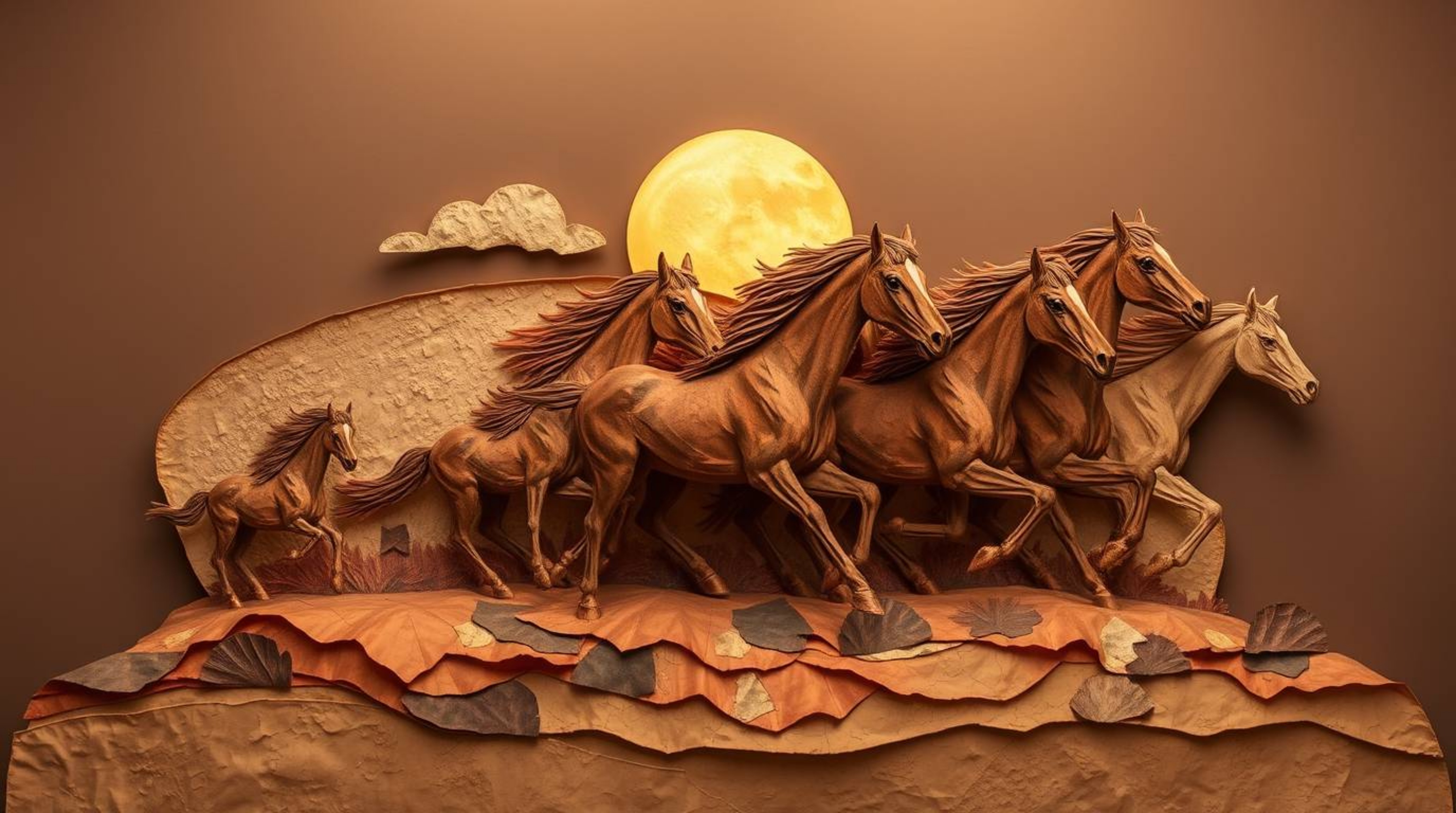 This layered papier-mâché sculpture captures the dynamic energy of a herd of wild horses running beneath a luminous sky. The 