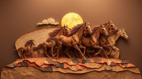 This layered papier-mâché sculpture captures the dynamic energy of a herd of wild horses running beneath a luminous sky. The 