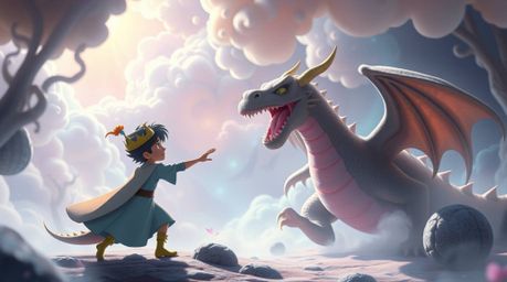 A dreamlike and surreal scene depicts a charming prince battling a fearsome dragon in a whimsical 1950s animation style. The 